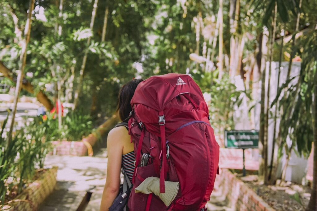 Person with backpack overlooking misty mountain forest