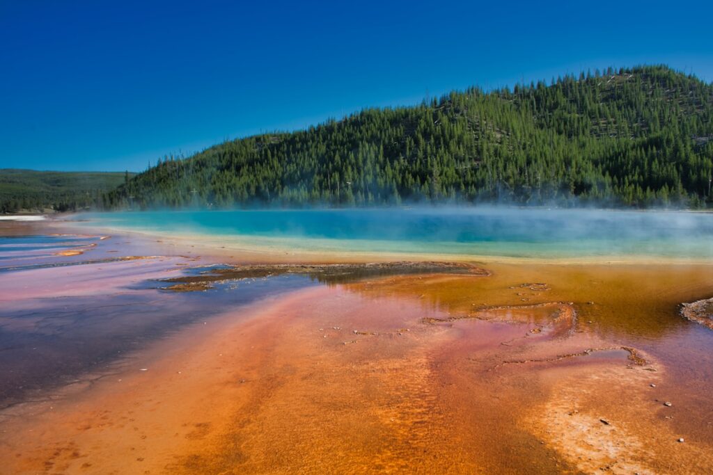 Aerial view of the rainbow-colored Grand Prismatic Spring at Yellowstone National Park