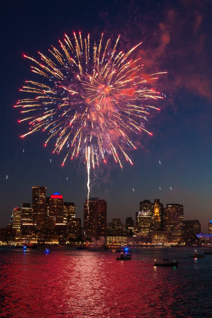 Cheap 4th of July destinations fireworks bursting over an American city skyline