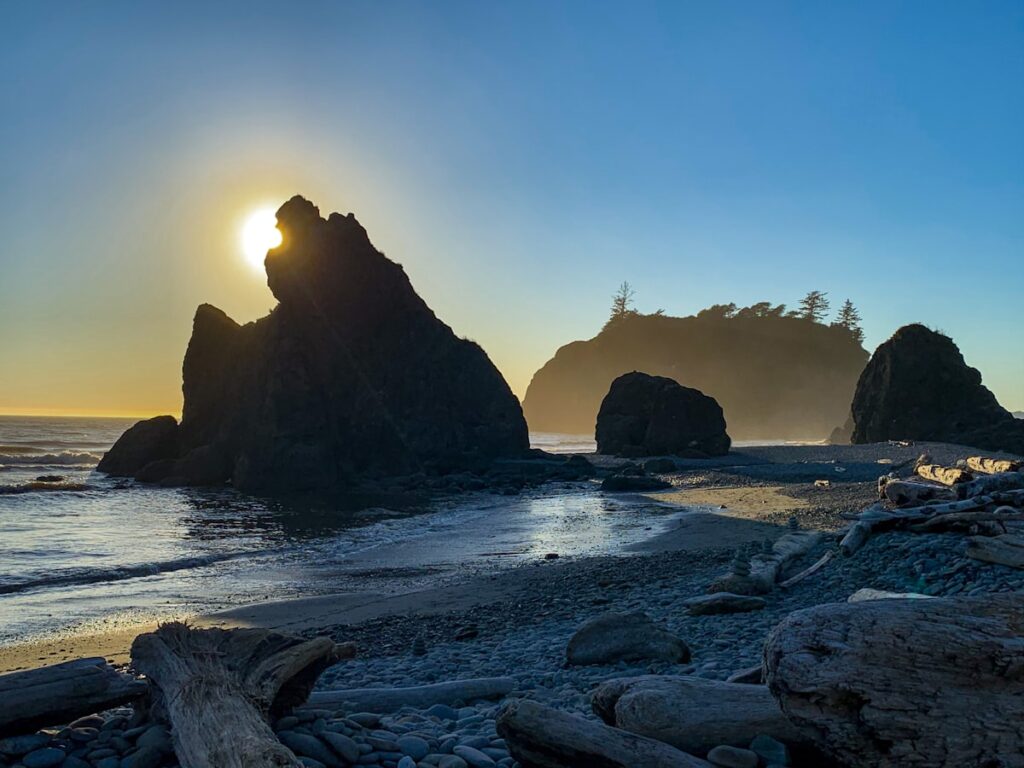 cost to visit Olympic — sea stacks at Ruby Beach at sunset, Olympic National Park