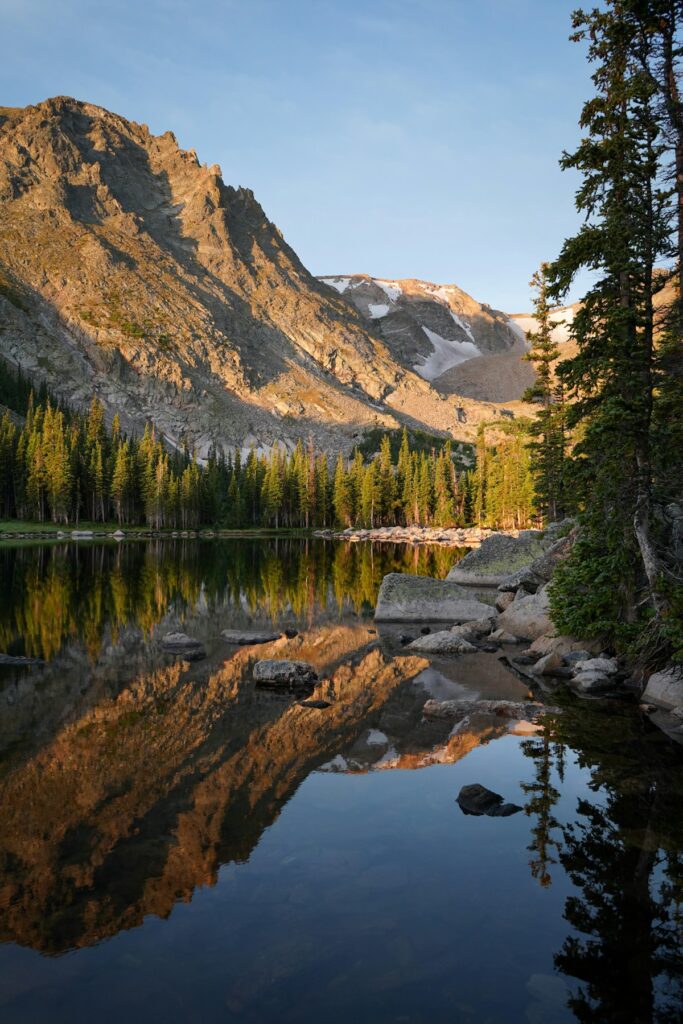 Cost to visit Rocky Mountain National Park: alpine lake ringed by mountains and pines in Colorado