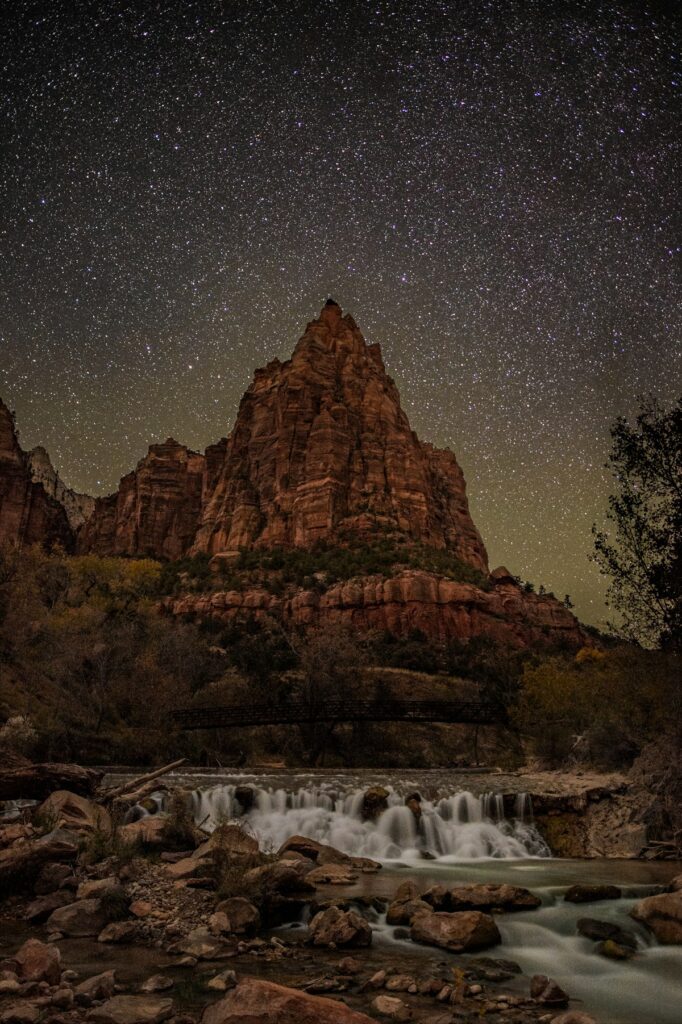 cost to visit Zion — the Watchman peak over the Virgin River at dusk