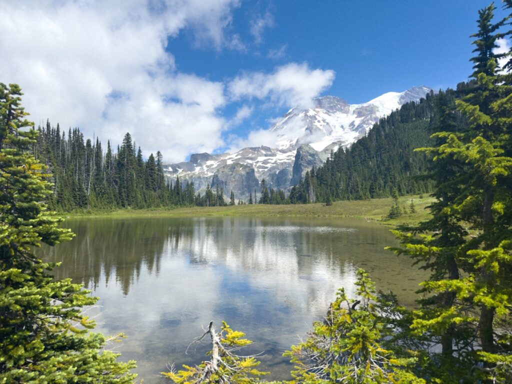 Cost to visit Mount Rainier: the glaciated summit reflected above evergreen forest and an alpine lake