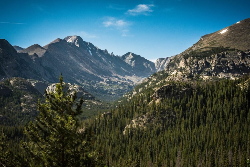 Mountain escapes to beat the heat: green pine-forested mountain slopes under a summer sky