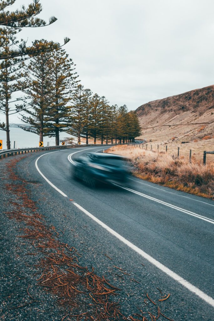 Cheap rental car driving a forest highway on a road trip